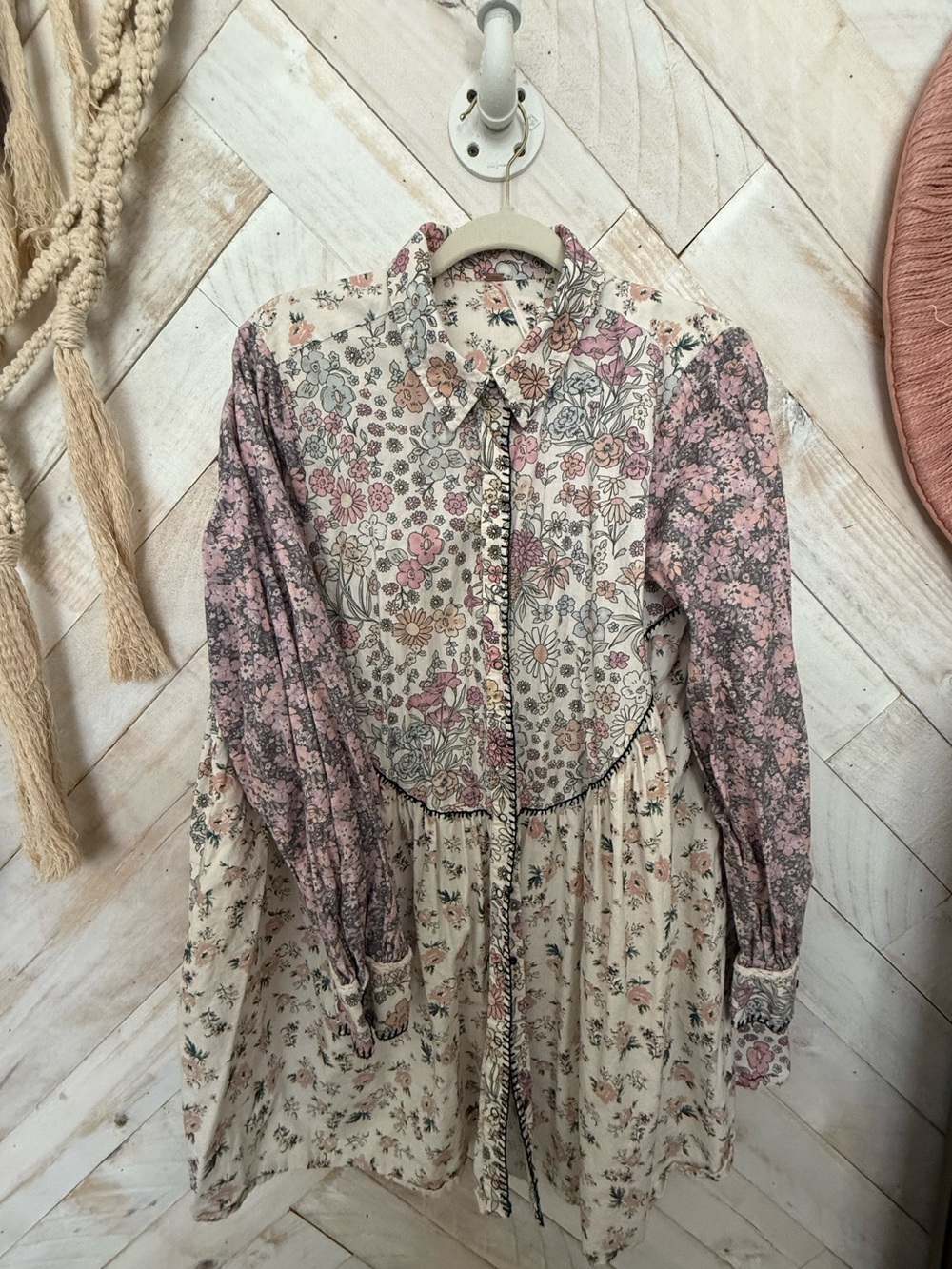 Free People Vintage-Inspired Floral Button-Front Dress in Cream and Dusty Pink